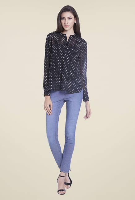Globus Black Printed Henley Neck Top Globus Black Printed Henley Neck Top