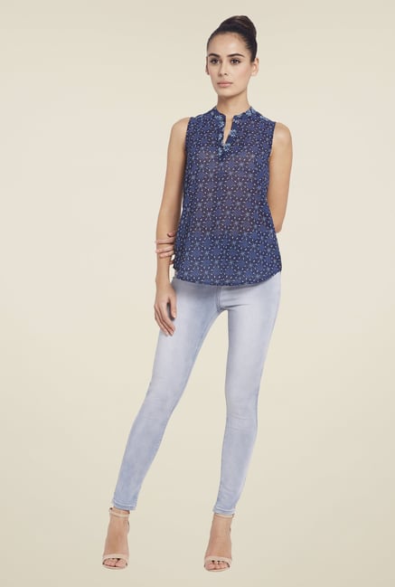 Globus Navy Printed Sleeveless Top Globus Navy Printed Sleeveless Top