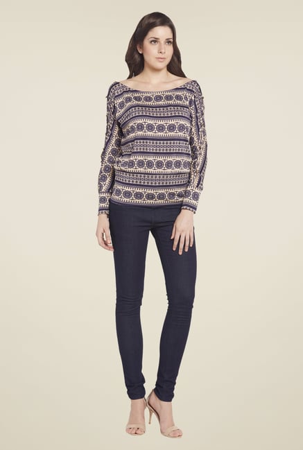 Globus Navy Printed Boat Neck Top Globus Navy Printed Boat Neck Top