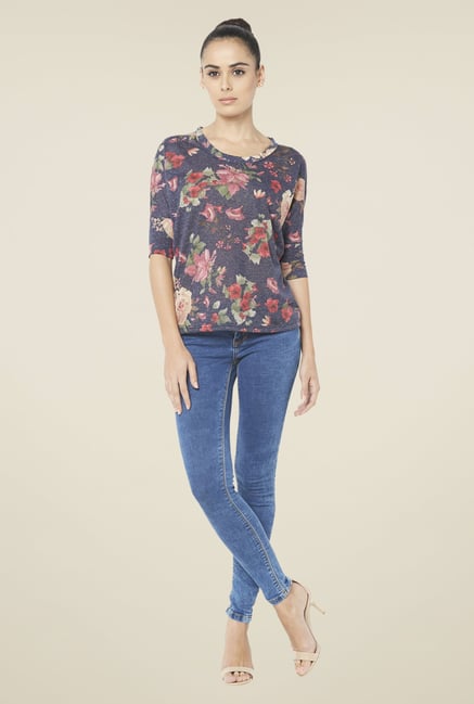 Globus Navy Floral Printed Round Neck Top Globus Navy Floral Printed Round Neck Top