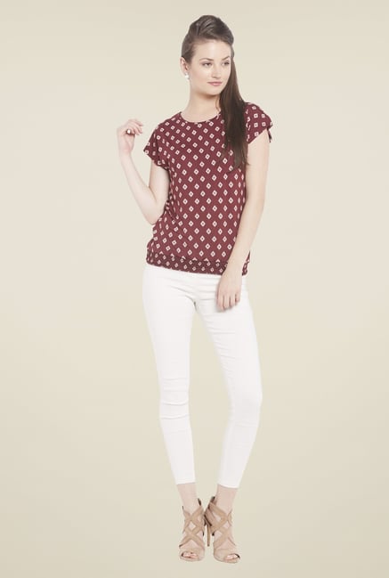 Globus Maroon Printed Round Neck Top Globus Maroon Printed Round Neck Top
