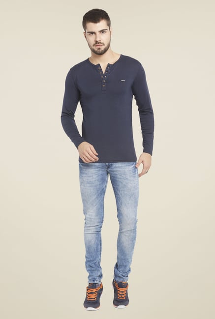 Globus Navy Solid Henley T Shirt Globus Navy Solid Henley T Shirt