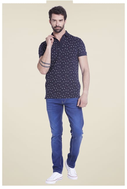 Globus Navy Printed Polo T Shirt Globus Navy Printed Polo T Shirt