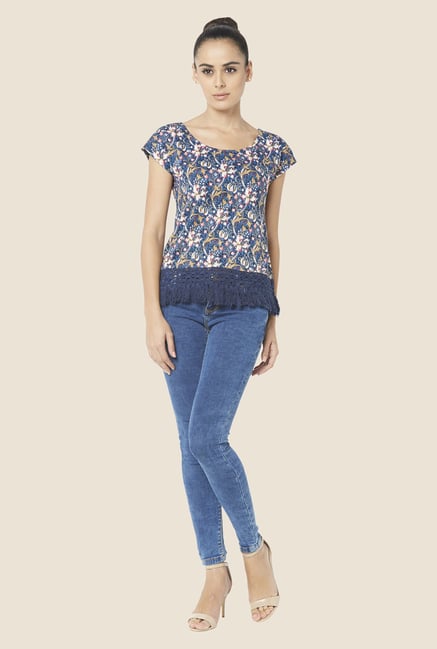 Globus Navy Floral Print Fringed Top Globus Navy Floral Print Fringed Top