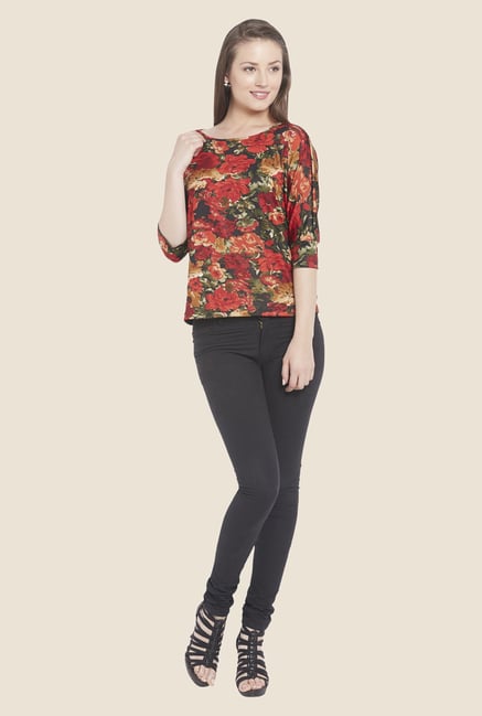 Globus Orange Floral Print Boat Neck Top Globus Orange Floral Print Boat Neck Top