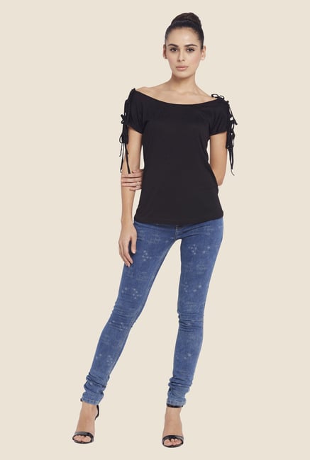 Globus Black Solid Boat Neck Top Globus Black Solid Boat Neck Top