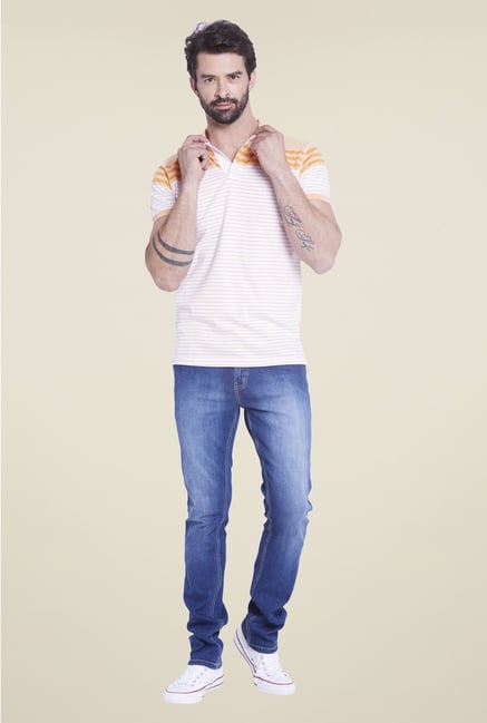 Globus White & Orange Striped Polo T Shirt Globus White & Orange Striped Polo T Shirt