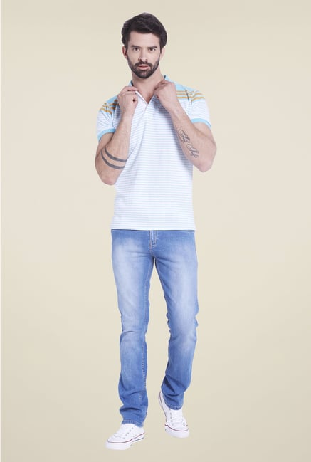 Globus White & Blue Striped Polo T Shirt Globus White & Blue Striped Polo T Shirt