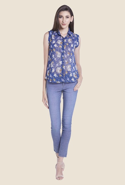 Globus Blue Floral Print Sheer Top Globus Blue Floral Print Sheer Top
