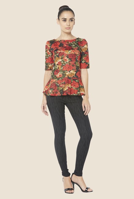 Globus Orange Floral Print Boat Neck Top Globus Orange Floral Print Boat Neck Top