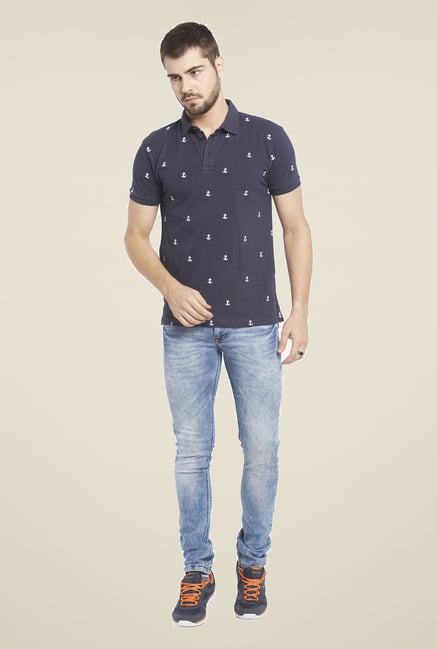 Globus Navy Printed Polo T Shirt Globus Navy Printed Polo T Shirt