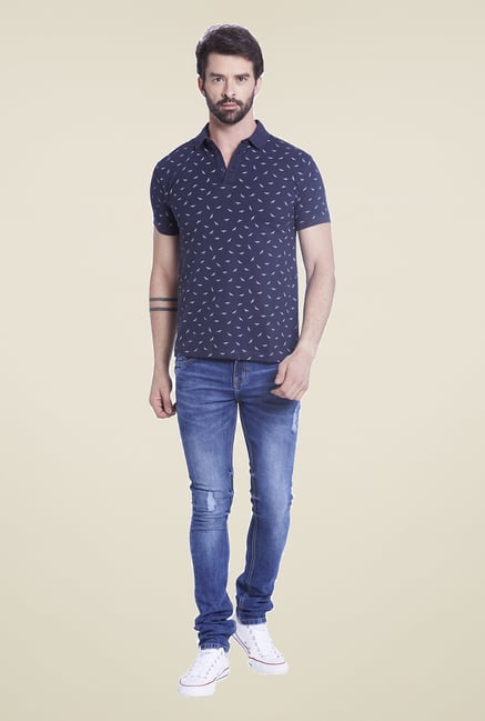 Globus Navy Printed Polo T Shirt Globus Navy Printed Polo T Shirt