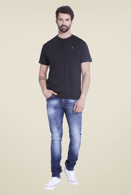 Globus Black Solid Henley T Shirt Globus Black Solid Henley T Shirt