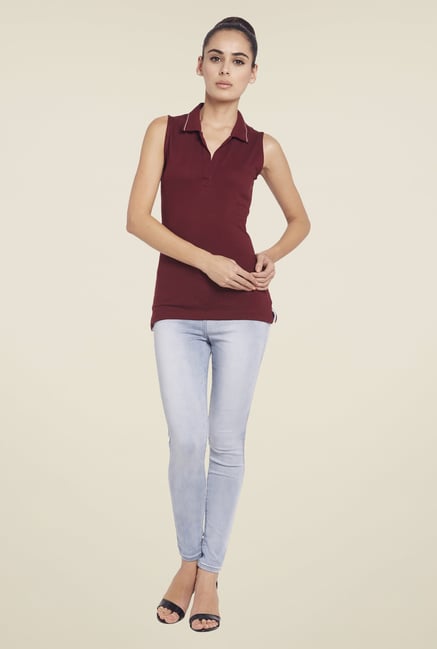 Globus Maroon Solid Sleeveless Polo T Shirt Globus Maroon Solid Sleeveless Polo T Shirt