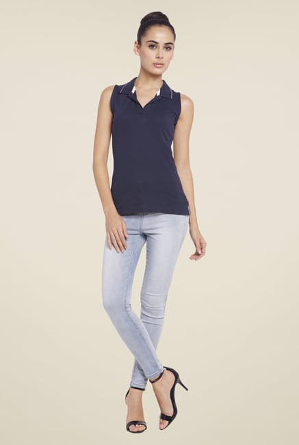 Globus Navy Solid Sleeveless Polo T Shirt Globus Navy Solid Sleeveless Polo T Shirt