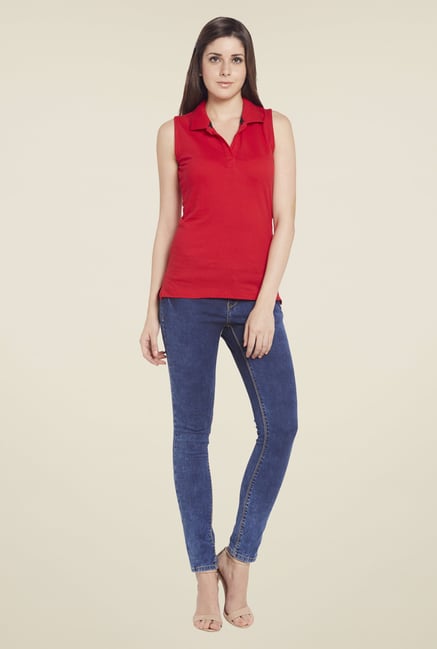 Globus Red Solid Sleeveless Polo T Shirt Globus Red Solid Sleeveless Polo T Shirt