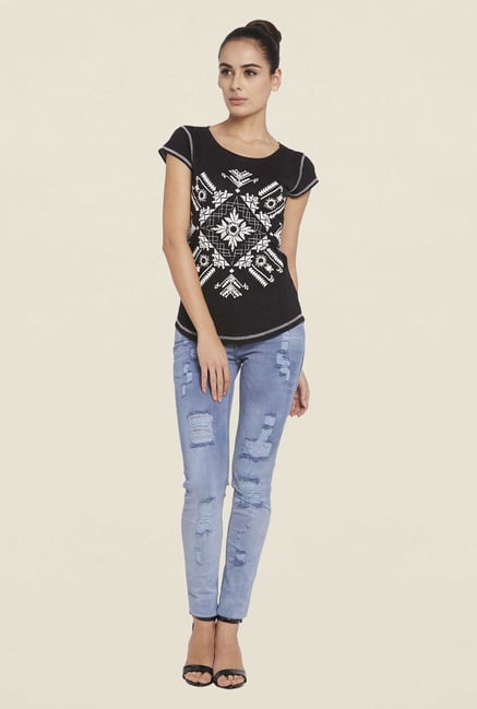 Globus Black Printed Cotton Top Globus Black Printed Cotton Top