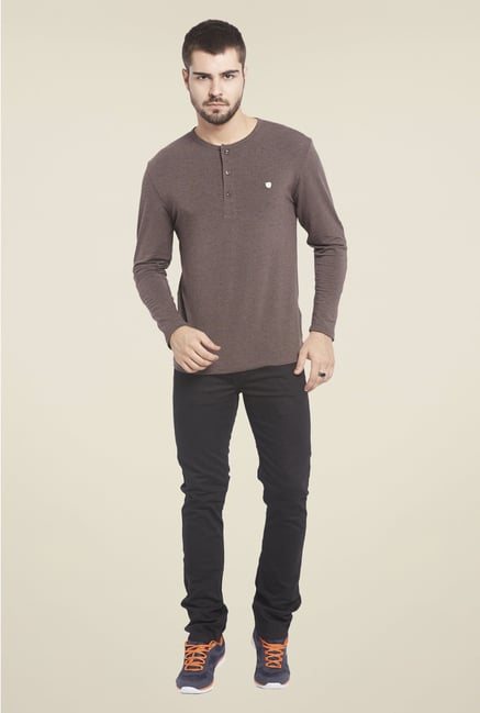 Globus Brown Solid Henley T Shirt Globus Brown Solid Henley T Shirt
