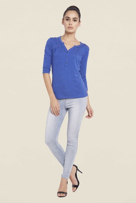Globus Blue Printed Henley Neck Top Globus Blue Printed Henley Neck Top