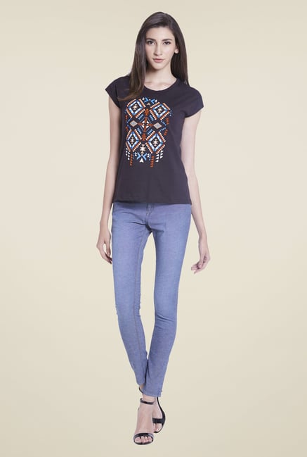 Globus Black Printed Round Neck Cotton Top Globus Black Printed Round Neck Cotton Top