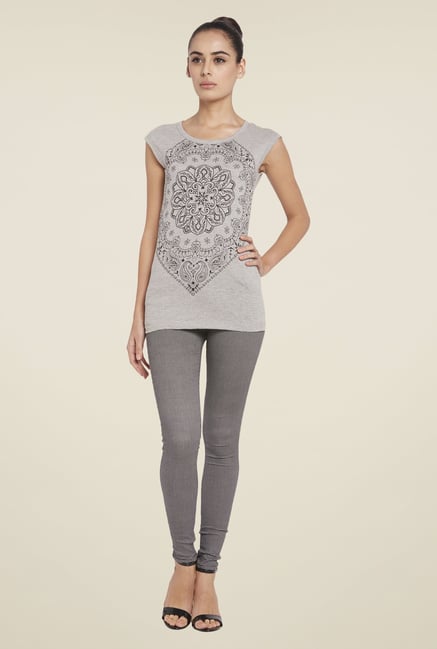 Globus Grey Round Neck Printed Top Globus Grey Round Neck Printed Top