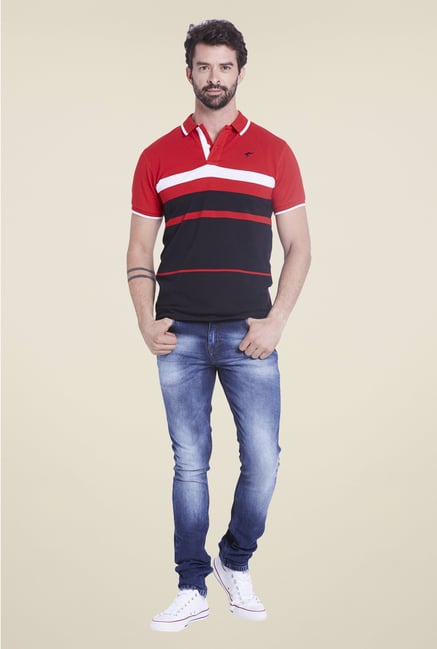 Globus Red & Black Striped Polo T Shirt Globus Red & Black Striped Polo T Shirt