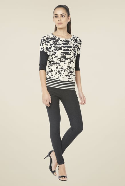 Globus Black Printed Round Neck Top Globus Black Printed Round Neck Top