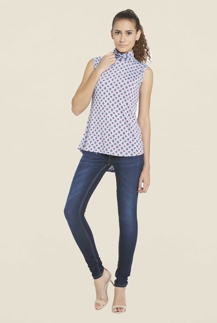 Globus Blue Printed Turtle Neck Top Globus Blue Printed Turtle Neck Top