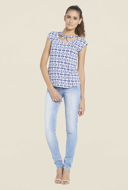 Globus Blue Printed Round Neck Top Globus Blue Printed Round Neck Top