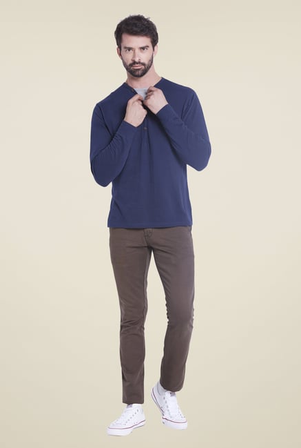 Globus Navy Solid Henley T Shirt Globus Navy Solid Henley T Shirt