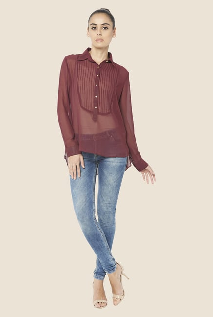 Globus Maroon Solid Sheer Top Globus Maroon Solid Sheer Top