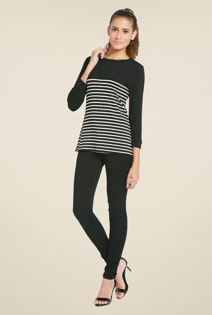 Globus Black Striped Round Neck Top Globus Black Striped Round Neck Top