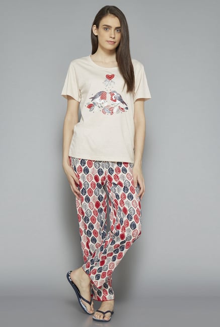 Intima by Westside Off White Leaf Printed Pyjama Set Intima by Westside Off White Leaf Printed Pyjama Set