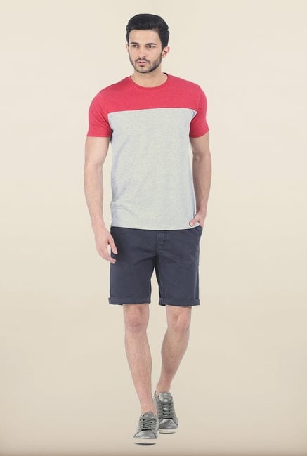 Basics Grey & Dahlia Red Melange Crew T Shirt Basics Grey & Dahlia Red Melange Crew T Shirt