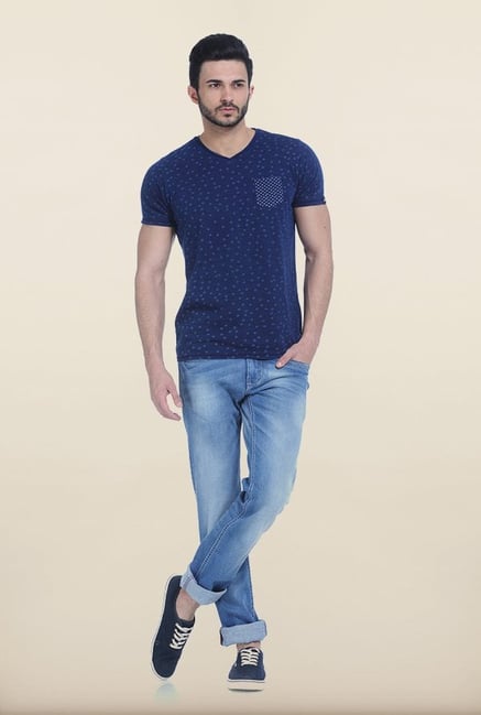 Basics Denim Blue Printed V-Neck T Shirt Basics Denim Blue Printed V-Neck T Shirt