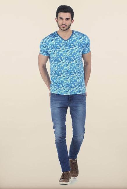Basics Blue Shadow Printed V Neck T Shirt Basics Blue Shadow Printed V Neck T Shirt