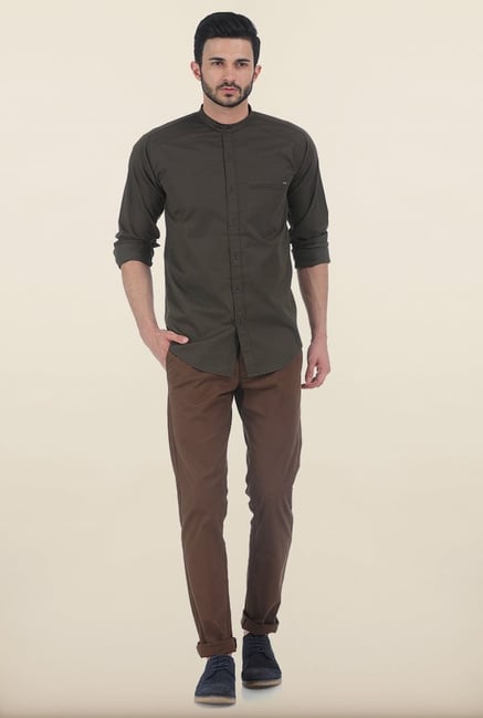 Basics Tapered Fit Dark Earth Dobby Peached Stretch Trouser Basics Tapered Fit Dark Earth Dobby Peached Stretch Trouser