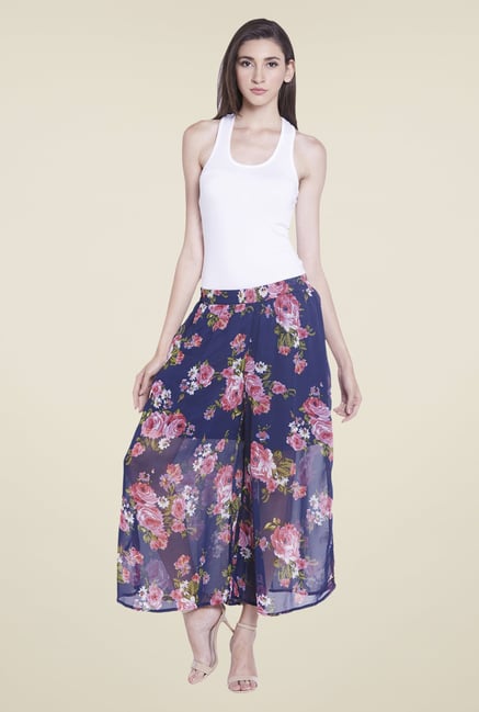 Globus Navy Floral Printed Polyester Palazzos Globus Navy Floral Printed Polyester Palazzos