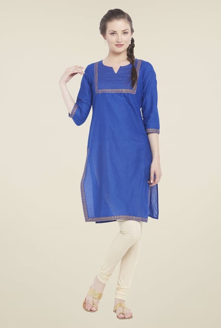Globus Blue Solid Cotton Kurti Globus Blue Solid Cotton Kurti