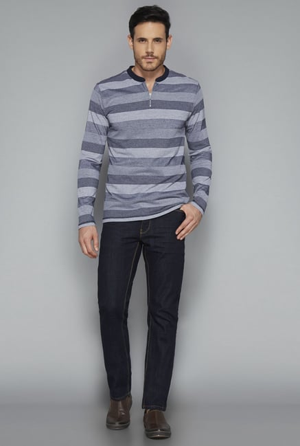 Ascot by Westside Grey Striped Henley T Shirt Ascot by Westside Grey Striped Henley T Shirt