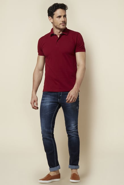 Zudio Maroon Self Print Polo T Shirt Zudio Maroon Self Print Polo T Shirt