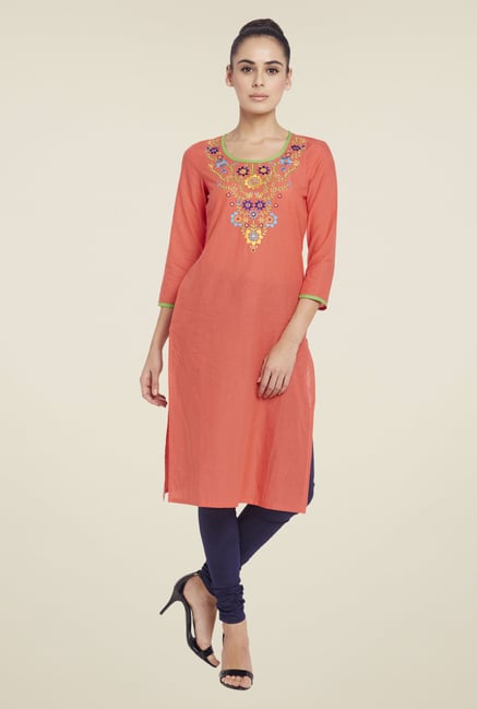 Globus Peach Embroidered Kurta Globus Peach Embroidered Kurta