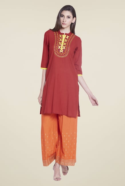 Globus Maroon Embroidered Kurti Globus Maroon Embroidered Kurti