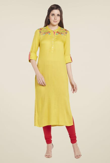 Globus Yellow Solid Kurta Globus Yellow Solid Kurta