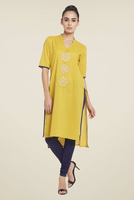 Globus Yellow Solid Cotton Kurti Globus Yellow Solid Cotton Kurti