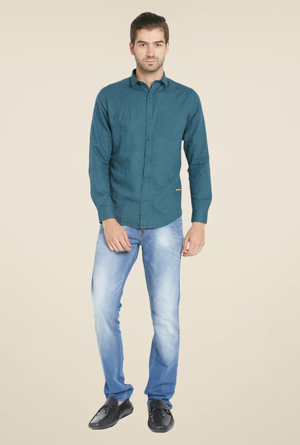 Globus Teal Green Solid Linen Shirt Globus Teal Green Solid Linen Shirt
