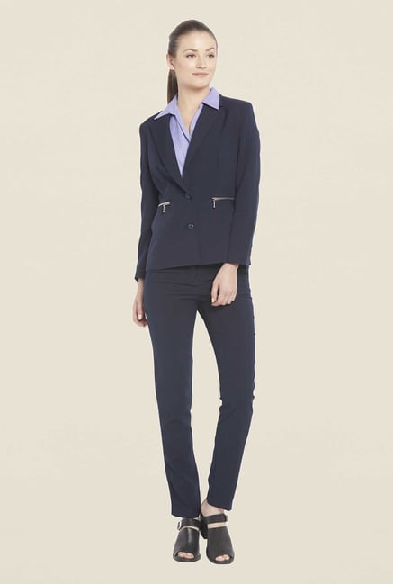 Globus Navy Solid Polyester Blazer Globus Navy Solid Polyester Blazer