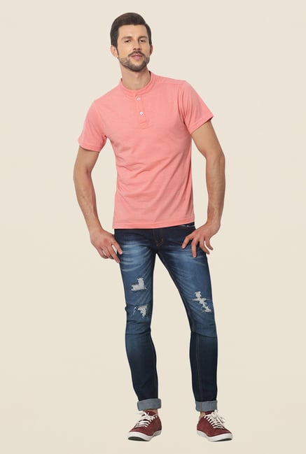 Yepme Peach Jerry Premium Solid Henley T Shirt Yepme Peach Jerry Premium Solid Henley T Shirt