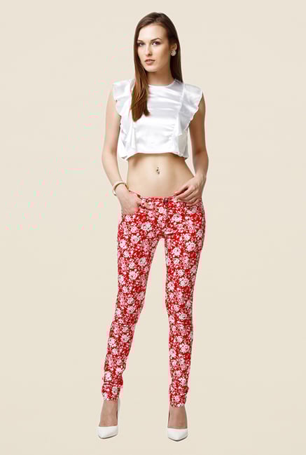 Yepme Estella Red & White Floral Print Chinos Yepme Estella Red & White Floral Print Chinos