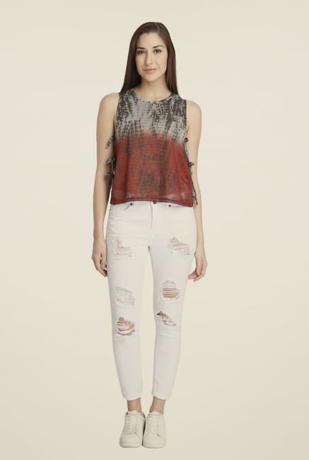 Vero Moda Grey & Maroon Printed Top Vero Moda Grey & Maroon Printed Top